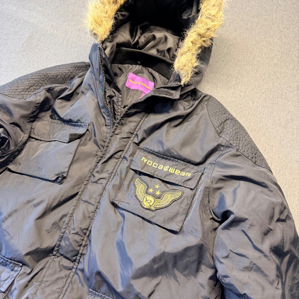 Rocawear Mens Black Down Puffer Parka Faux Fur Hood Y2K Streetwear Jacket XL